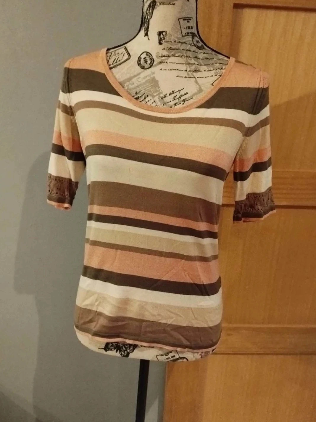 t-shirt rayé crème/marron/rose, Soie/coton, Rodier, T36